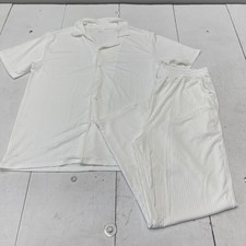 Lounge Set Shirt Pants Mens XL White Ribbed Short Sleeve Button Up Pajamas