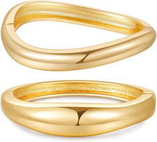 2Pcs Gold Bangle Bracelets for Women, Trendy Hinged Cuff Open Wide Chunky Gold B