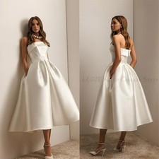 Sexy Satin Wedding Dresses Mid-calf Sleeveless Bridal Gown Backless Wedding
