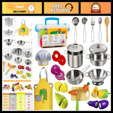 Wooden Play Kitchen Set with Stainless Steel Pots, Pans, Utensils, Apron Chef
