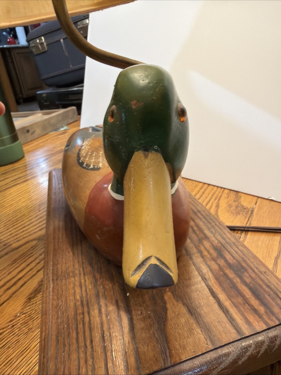 Vintage 1970s Mallard Duck Table Lamp, Handpainted w/ Wood Base