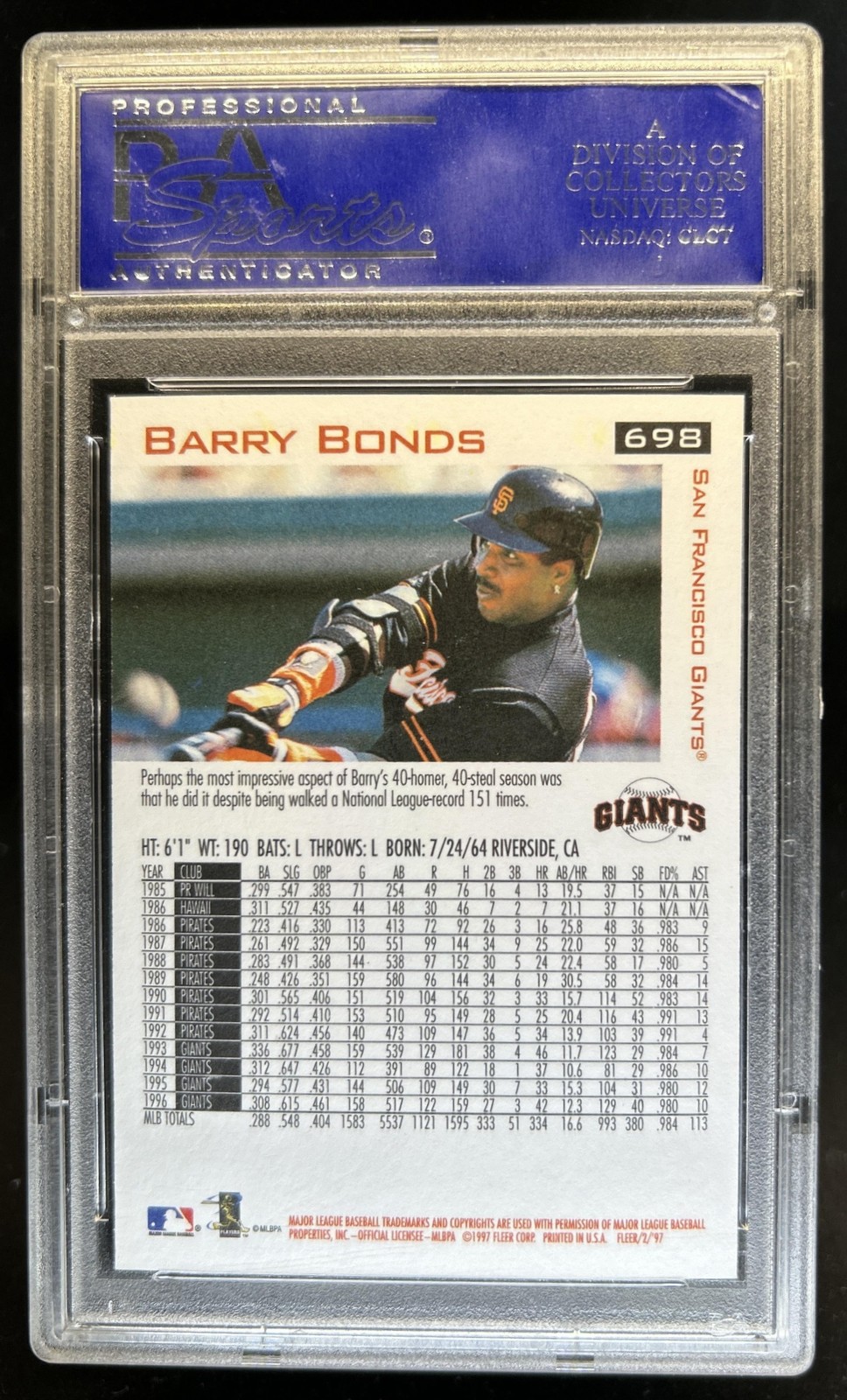 1997 Fleer Barry Bonds #698 Giants PSA 9 view 2