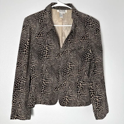 Vintage Allison Taylor Size-L Animal Print Silk Blazer Jacket Full Zip Brown - Image 1 of 4