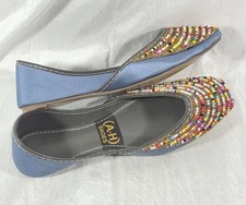 AH Women's Pakistani Ethnic Flat Beaded Satin Khussa Shoes - Blue - Sz 8