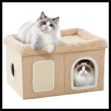 Beige Indoor Cat Bed House with Scratch Pad - Foldable Cozy Cat Hideaway for ...