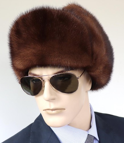 Fur Hat Mink Chapka Uschanka Aviator Cap Ski Winter Nut Brown - Picture 2 of 9