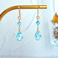 Blue Topaz Rose & Concave Earrings 14KGF Gem Quality New