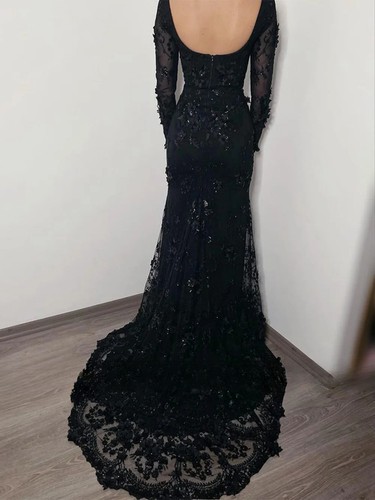 Gothic Black Mermaid Wedding Dresses LongSleeve V Neck Applique Detachable Train - Picture 4 of 8