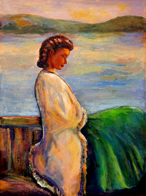 Large Oil Painting Lady with Braids at Sunset Water Islands - Framed by Donalee