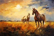 Original  Western Hand Painted Oil Painting-30x20 Horses In Golden  Light Signed