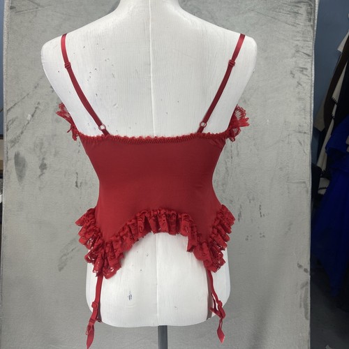 Vintage E. BOLE' Red Lace Bow Corset Top Ribbon Ruffle Sexy Romantic Feminine - Picture 2 of 14