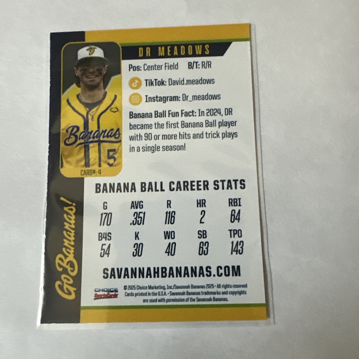 Dr Meadows Savannah Bananas Baseball Card 2025 Choice Card # 4 AC1