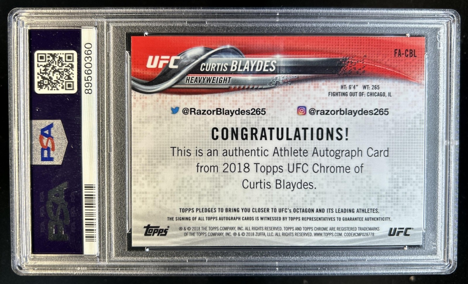 2018 Topps Chrome UFC Curtis Blaydes Auto RC 1st Prospect Rookie #FA-CBL PSA 10 view 2
