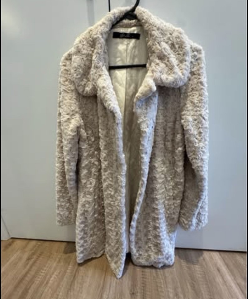 Stella Womens Beige Faux Fur Teddy Mid-Length Collared Open Coat Size 8