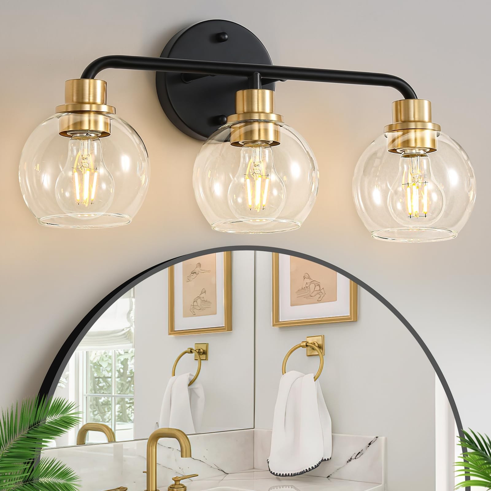 3 Light Bathroom Vanity Light, Black and Gold Bathroom Light Fixtures with Cl...