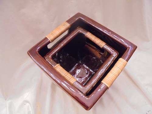 Set of 2 Square Stoneware Decorative PLANT POTS , heavy duty olive color - Picture 4 of 15