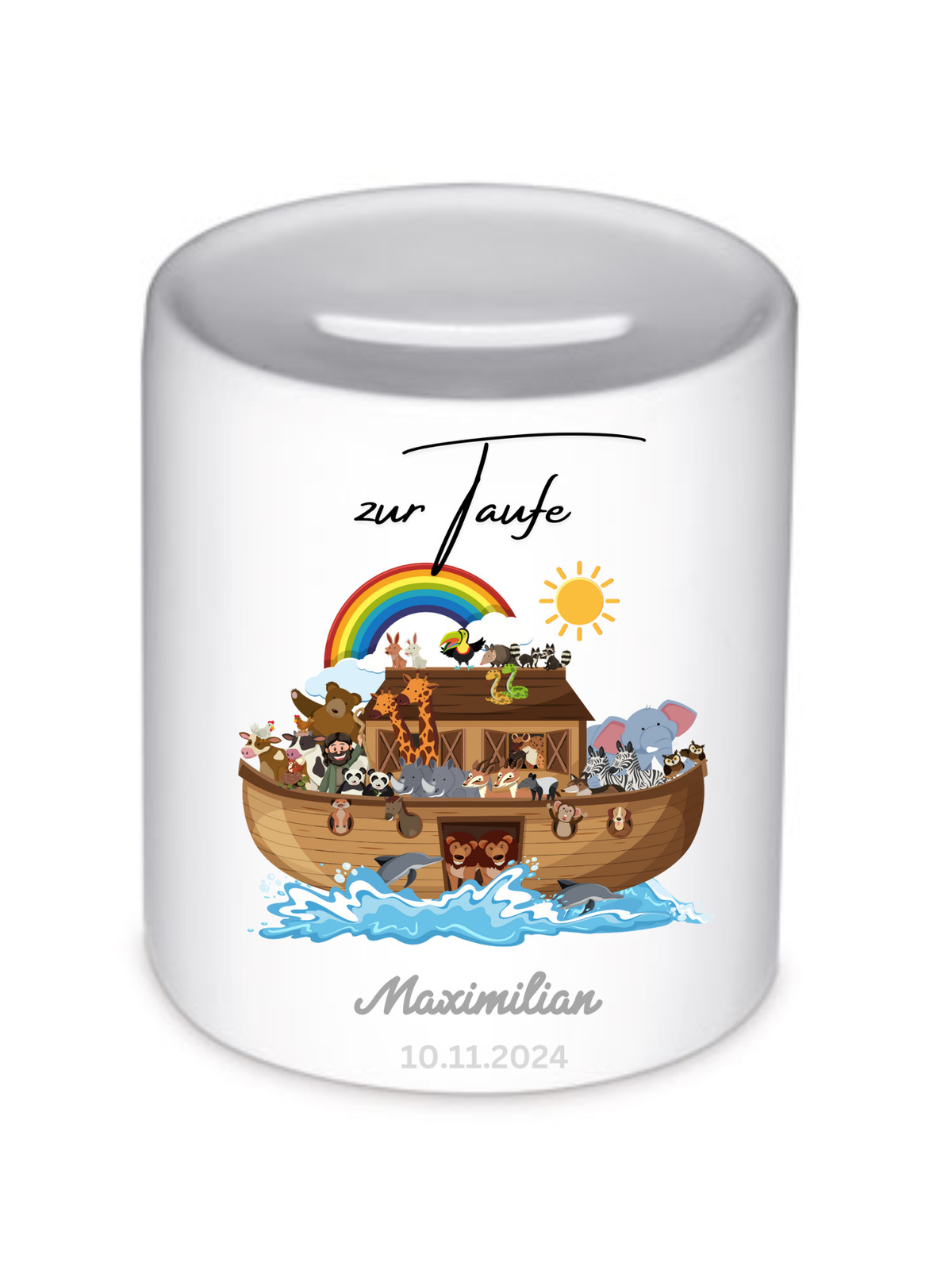 Personalisierte Spardose zur Taufe – Arche Noah mit Namen und Taufdatum