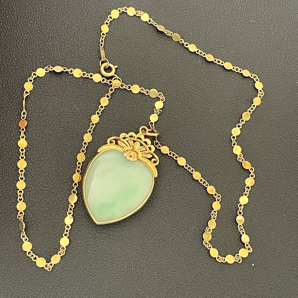 14k Yellow Gold Jade Stone Heart Pendant Necklace 20” (AB3)