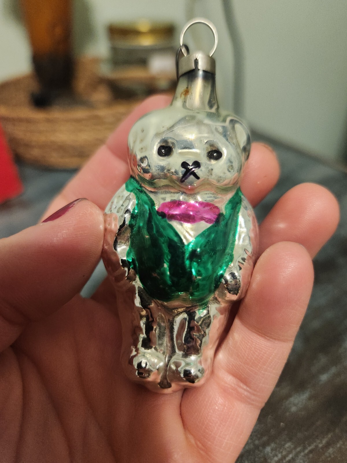 Vintage Hand Blown Mercury Glass Teddy Bear Christmas Ornament