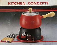 Vintage HIMARK Red Enamel & Wood Fondue Set Pot w/ Stand and 6 Skewers 1987 NIB!