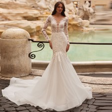 Illusion Neck Long Sleeve Appliques Backless Tulle Mermaid Wedding Dresses New