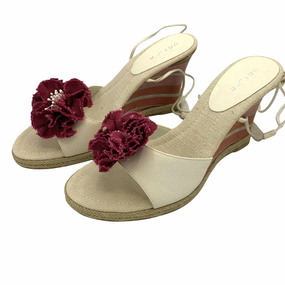 Sandalias Alpargatas Unisa Crema Tacón Cuña Rayas Flores Correas al Tobillo Nuevas Sin Caja Foto 4 de 4