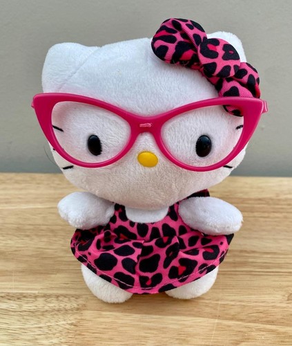 Hello Kity Tty Sanrio Plush 6" Glasses & Pink Leopard Print Dress