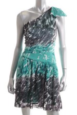 NINE WEST ~ Teal & Gray Chiffon One Shoulder Drop Waist Party Dress 14 NEW $134