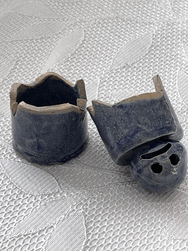 Studio Art Pottery Two Part Cut Broken Blue Scary Creepy Doll Man Figure Signed - Picture 10 of 19