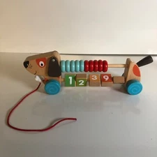Edushape Wooden Pull Along Dog Abacus Toy With Number Blocks For Toddlers