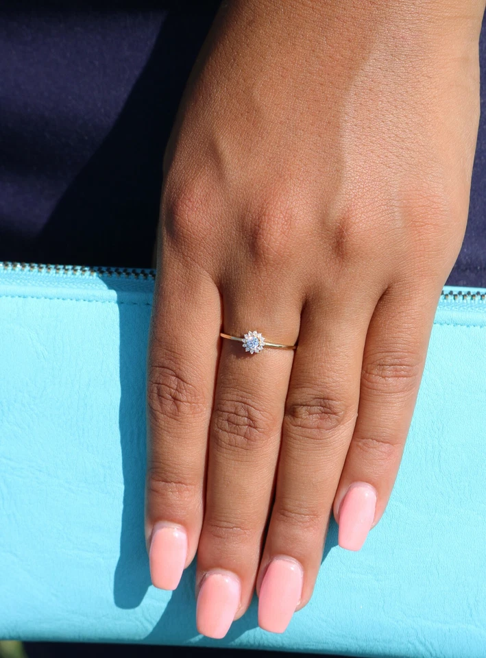 10K Real Solid Yellow Gold Flower Halo CZ Band Ring Dainty Minimal Band Ring - Image 2 of 4