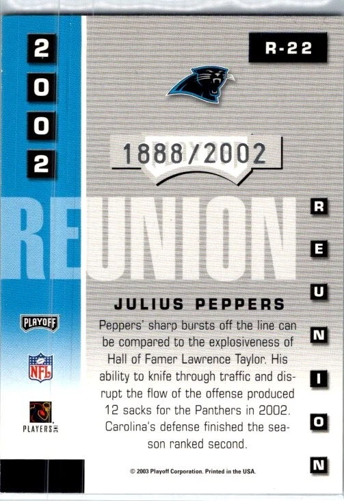 2003 -Julius Peppers- /2002 Playoff Prestige Reunion Football Card #R-22 - Image 2 of 2