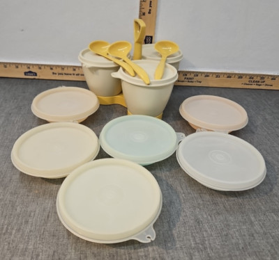 Tupperware Condiment Caddy Server Containers W/ Lids and Spoons + 6 Pastel #154s