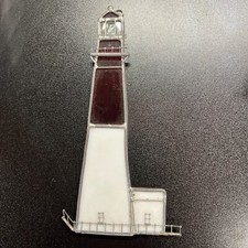 Vintage Stained Glass Lighthouse Suncatcher Red White Nautical Beach Decor 7.5"