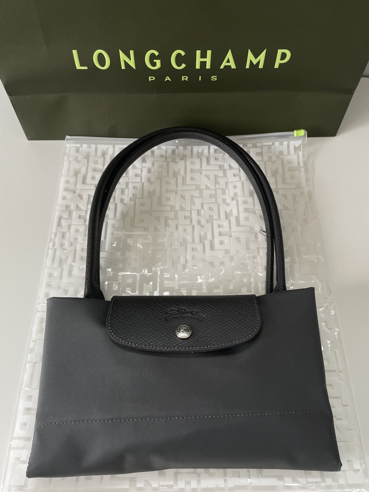 Longchamp Le Pliage Green Recycled Large Canvas Tote Graphite Gray Shoulder Bag