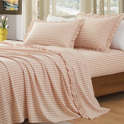 Kkjiaf 4 Pieces Plaid Ruffle King Size Sheets Set Cotton Gingham King Sheet Set