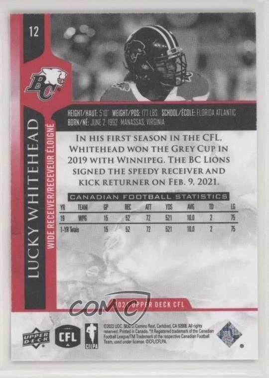 2021 Upper Deck CFL Red /165 Lucky Whitehead #12 - Image 2 of 2