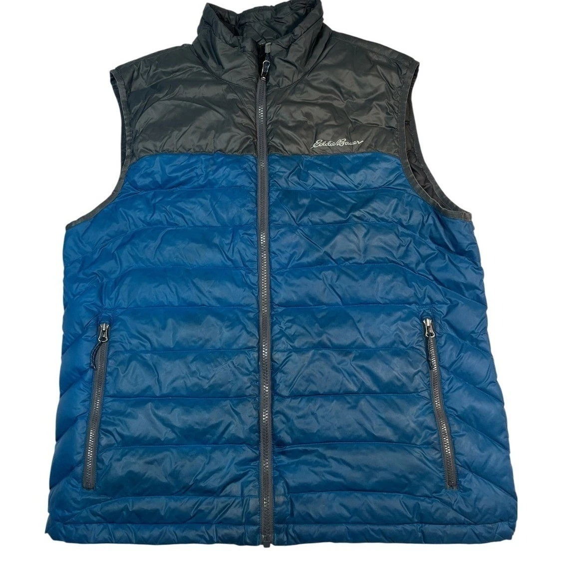 Eddie Bauer Mens Puffer Vest Blue Gray Full Zip Lightweight Outdoors Size M