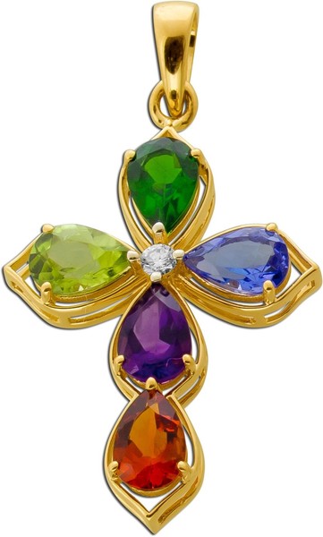 Kreuz AnhäNger Gold 585 14K Nat Tansanit Amethyst Chromdiopsid Citrin Peridot La-image