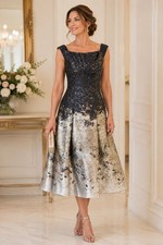 Sz 2 Kay Unger Carina Tea Length Formal Dress Navy Blue, Silver & Gold Metallic