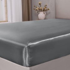 Satin Fitted Sheet Queen with Elastic Corner Straps, Dark Grey