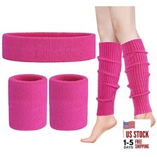 Leg Warmers for Women 80s Headband Wristbands Neon Leg Warmers Set Rose Pink