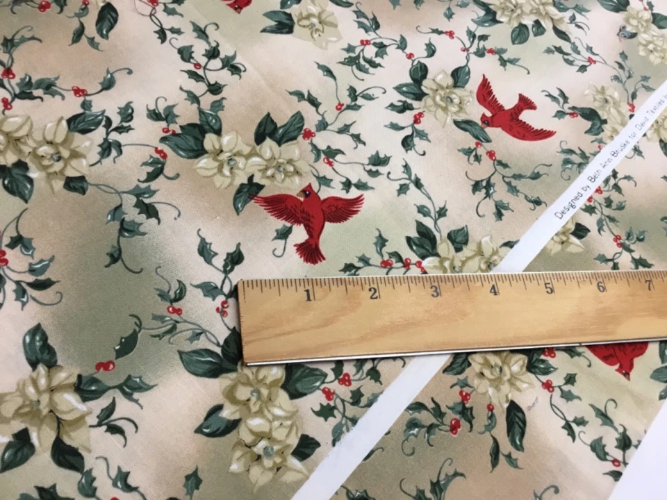 Beth Ann Bruske Christmas Fabric 32x44” Cardinals & Holly, Tonal, David Textiles - Image 4 of 4