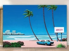 [16" x 24"] Hiroshi Nagai (永井博) Wooden Canvas Framed Art -  AOR City /City Pop 