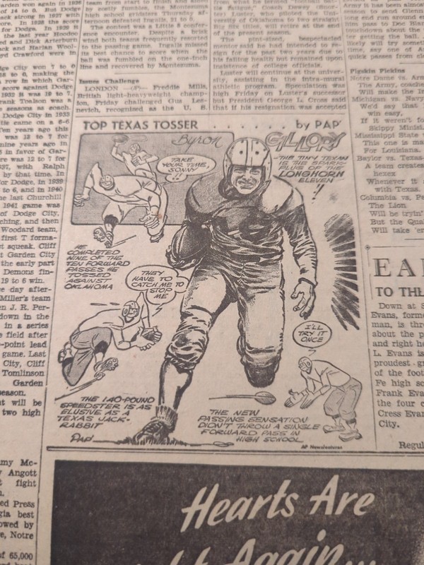 NOV 9, 1945 NEWSPAPER PG #2222- BYRON GILLORY, TEXAS LONGHORNS FOOTBALL 🏈