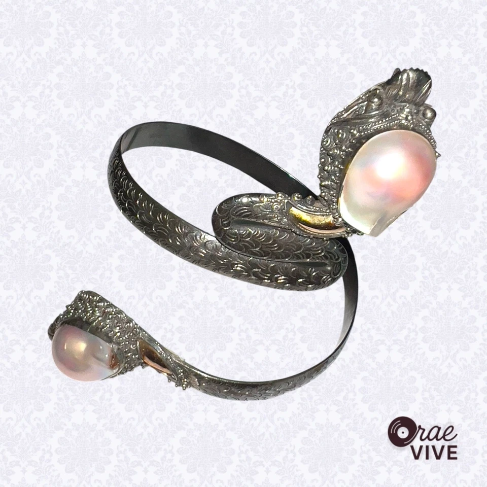 Brazalete de dragón Naga tailandés vintage de plata de ley 925 con perla barroca Foto 4 de 4