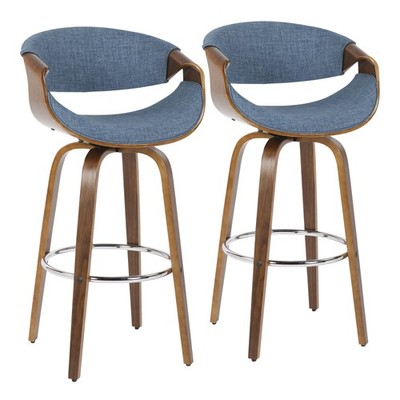 Curvini Mid-Century Modern Barstool in Walnut Wood and Blue Fabric by  - Set o