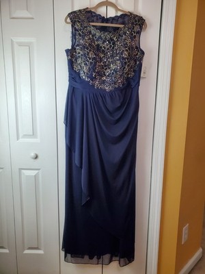 Decode 1.8 Formal Maxi Gown Dress Navy Size 16W Cap Sleeves Embroidered Top Mesh