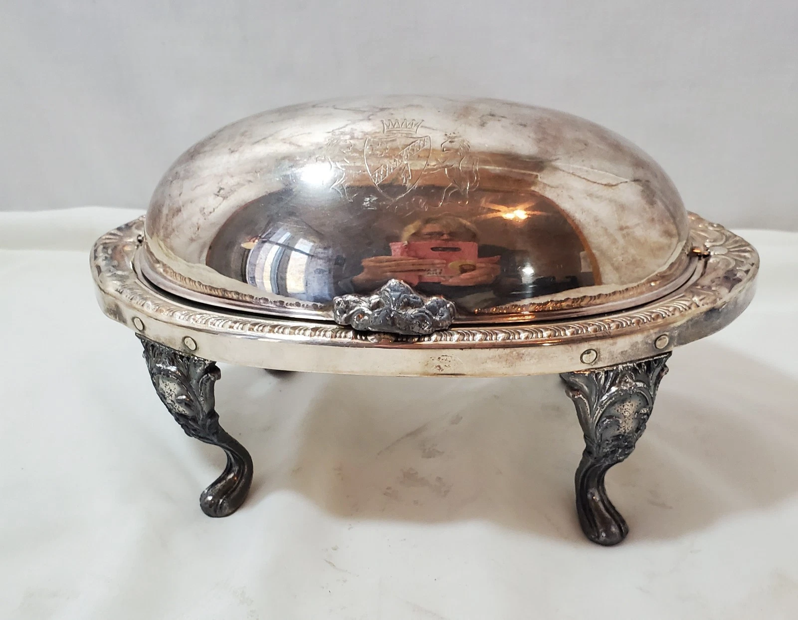 Vintage 1950’s Sheridan Silver Plate Roll Top Footed Butter Dish w/Glass Insert