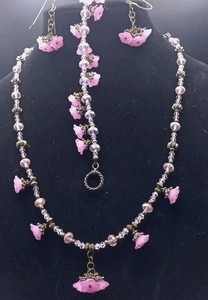 Beautiful Handcrafted Set Pink &Gold Tone Acrylic & Fire Polished Crystals 23"&8